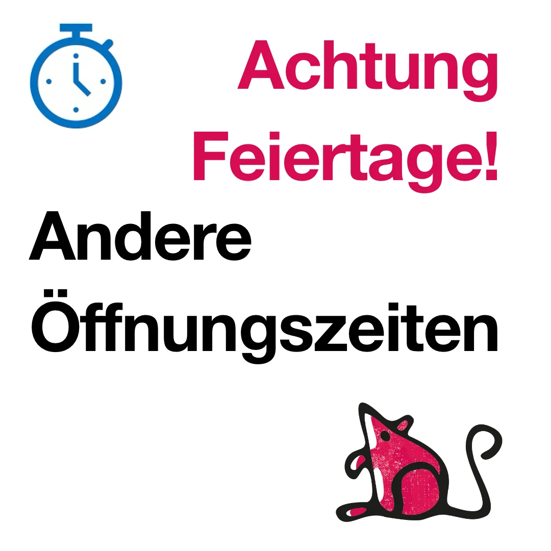 Bild zeigt eine skizierte Uhr und den Text: "Achtung Feiertage! Andere Öffnungszeiten." Unten rechts ist das Logo der Alimaus.