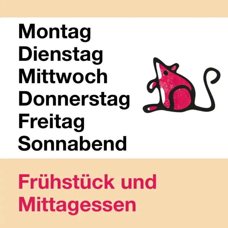Das Bild zeigt das Logo der Alimaus. Text: "Montag, Dienstag, Mittwoch, Donnerstag, Freitag, Sonnabend. Frühstück und Mittagessen".