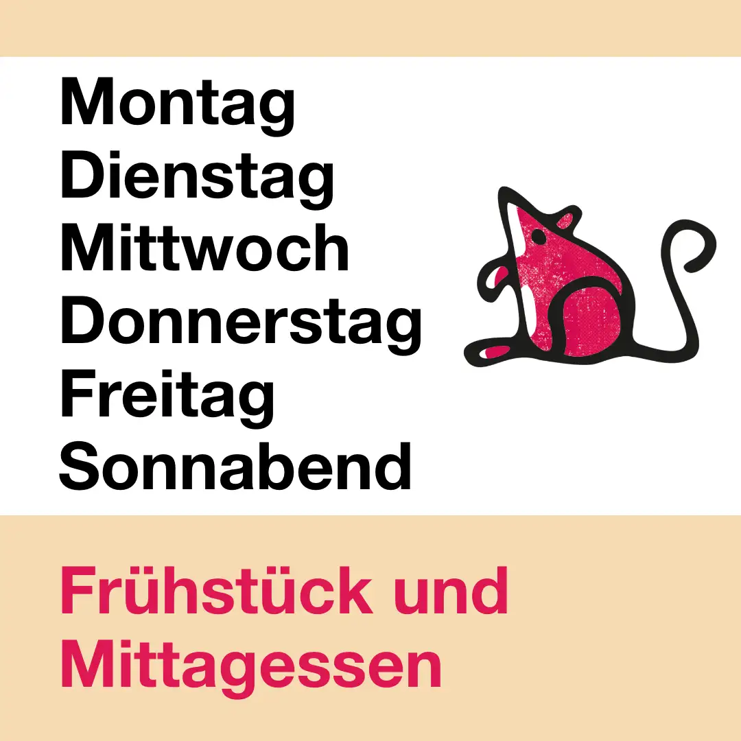 Das Bild zeigt das Logo der Alimaus. Text: "Montag, Dienstag, Mittwoch, Donnerstag, Freitag, Sonnabend. Frühstück und Mittagessen".