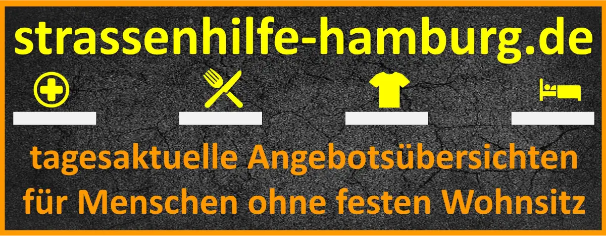 Das Bild zeigt den Schriftzug "Straßenhilfe Hamburg Punkt DE". Vier Piktogramme, die für "Medizinische Versorgung, Essen, Kleidung, Schlafen" stehen. Weiterer Text: "tagesaktuelle Angebotsübersichten für Menschen ohne festen Wohnsitz".