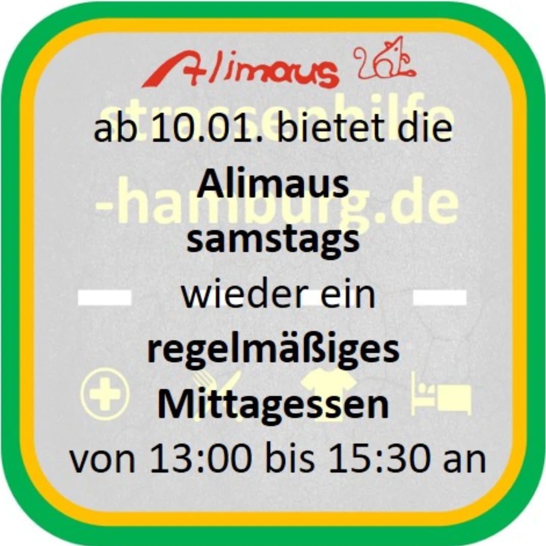 Das Bild zeigt das Logo der Alimaus und den Text: "ab 10.01. bietet die Alimaus samstags wieder ein regelmäßiges Mittagessen von 13 bis 15:30 Uhr an.