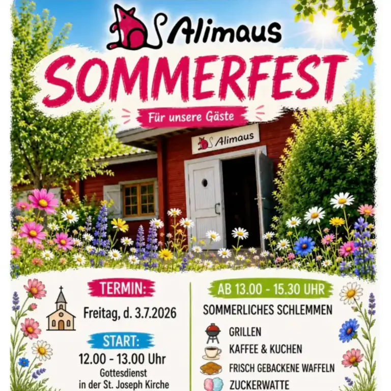 Das Bild zeigt ein buntes Plakat mit einem Blick in den Garten der Alimaus und auf das Haus. Txt: Sommerfest für unsere Gäste.