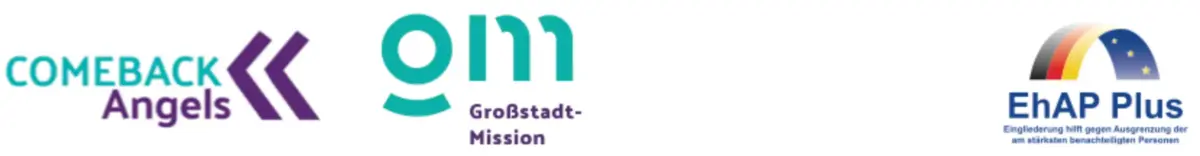 Das Bild zeigt drei Logos: Comeback Angels, Großstadt-Mission und EhAP Plus