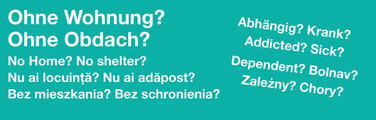 Das Bild zeigt ausschließlich Text: Ohne Wohnung? Ohne Obdach in mehreren Sprachen.